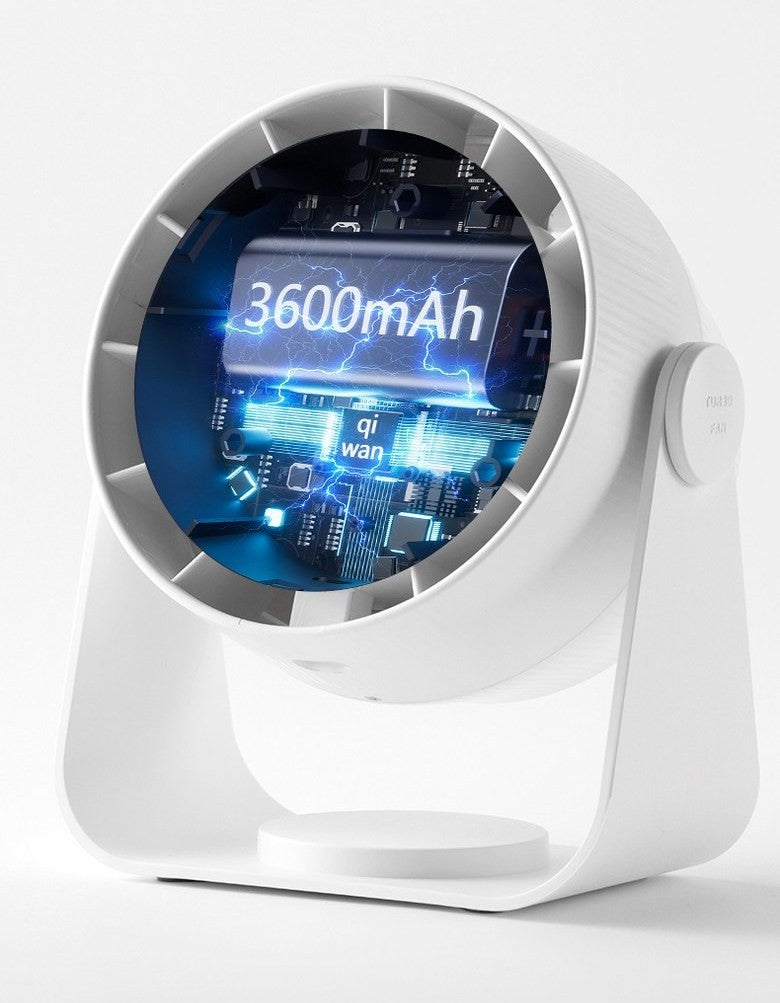 Бял вентилатор Atron F50 със силно увеличен изглед на вградената батерия 3600mAh