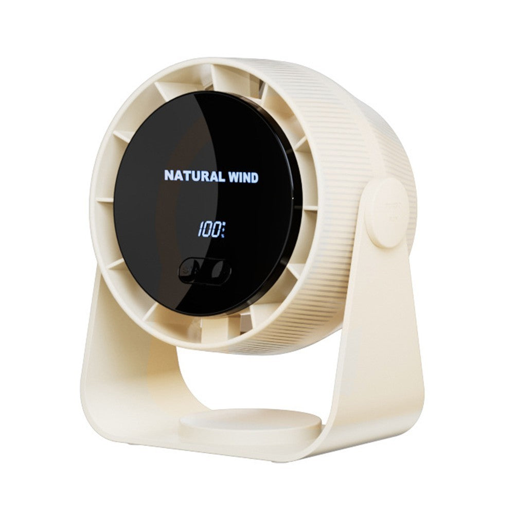 Фронтален изглед на вентилатора Atron F50 в бежов цвят с включен LED дисплей, показващ скоростта