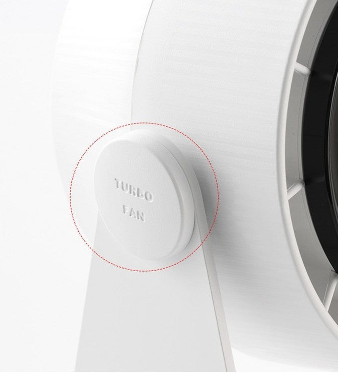 Бял вентилатор Atron F50 с надпис TURBO FAN върху страничния бутон за управление
