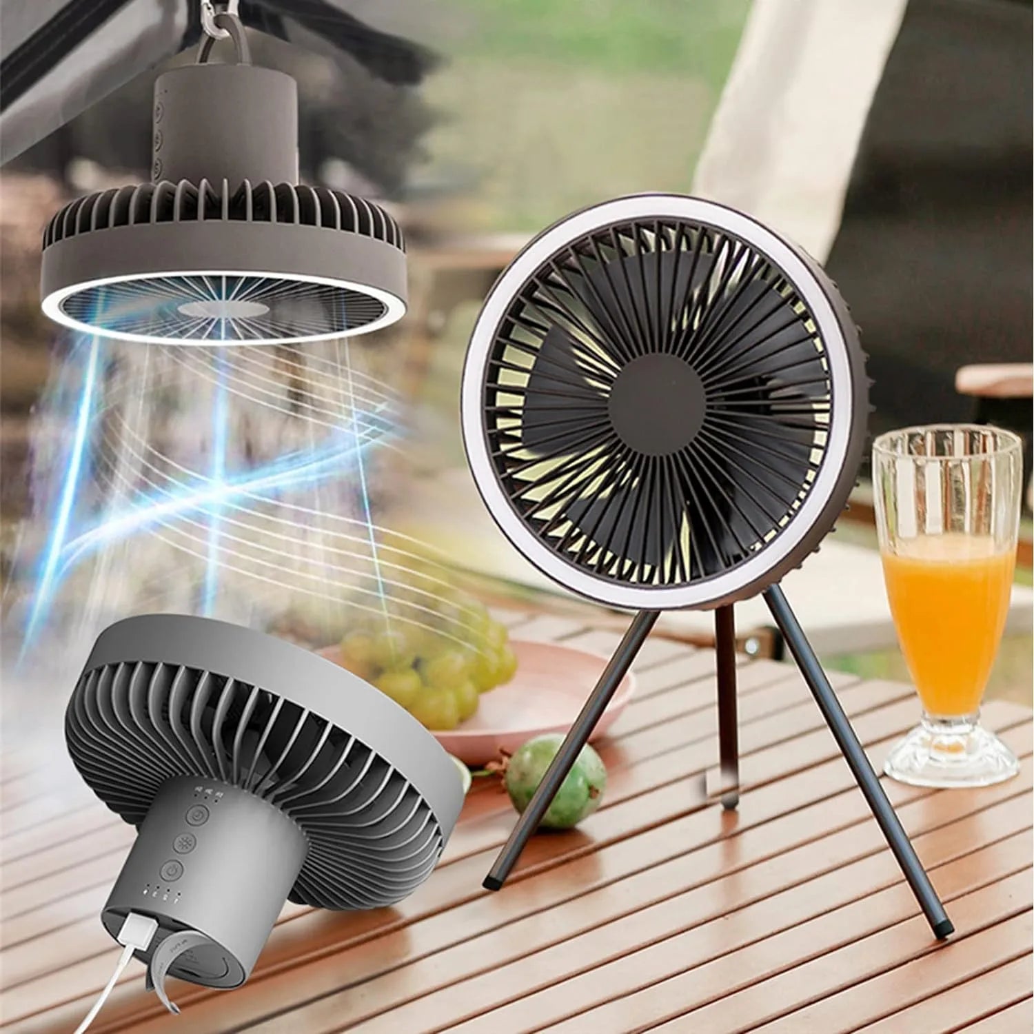 Преносим вентилатор Atron Chill с LED осветление и стойка трипод, подходящ за къмпинг и домашна употреба