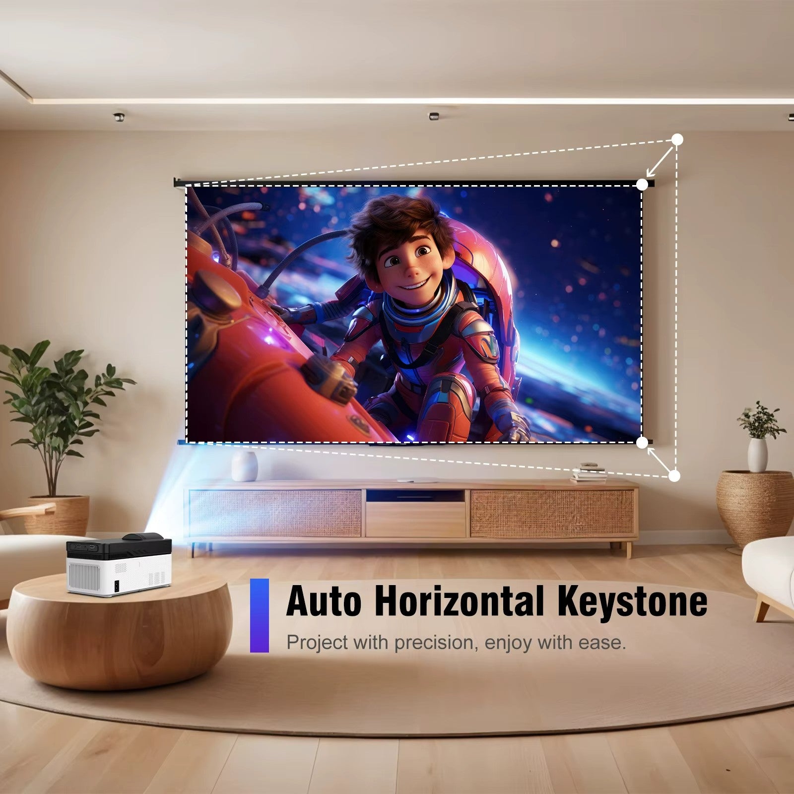 HY450 проектор с автоматична хоризонтална Keystone корекция – лесно подравняване на изображението без нужда от ръчно регулиране.