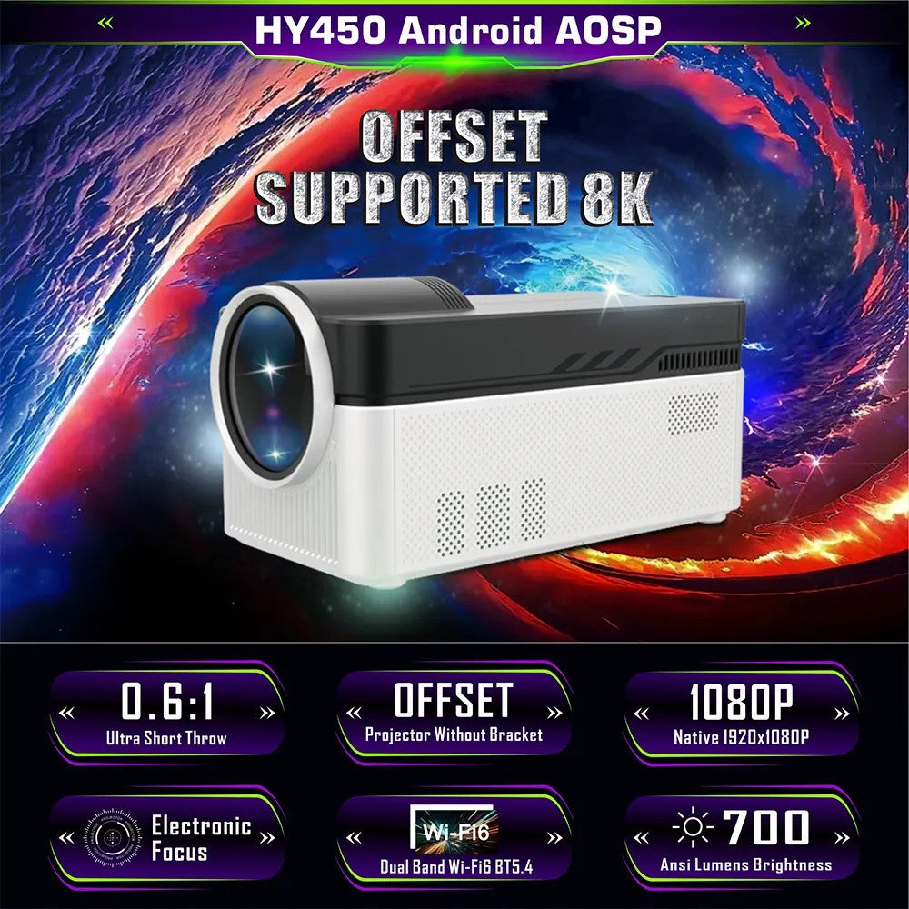 Смарт проектор Atron HY450 с Android AOSP, 700 ANSI, 1080p резолюция, WiFi 6, Bluetooth 5.4 и електронен фокус.