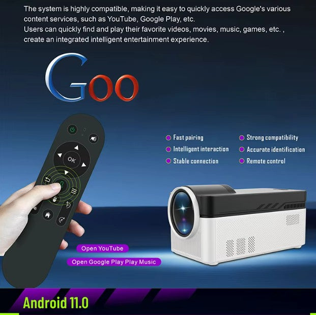 Смарт проектор с Android 11, достъп до YouTube и Google Play, бързо сдвояване и интуитивно дистанционно управление.