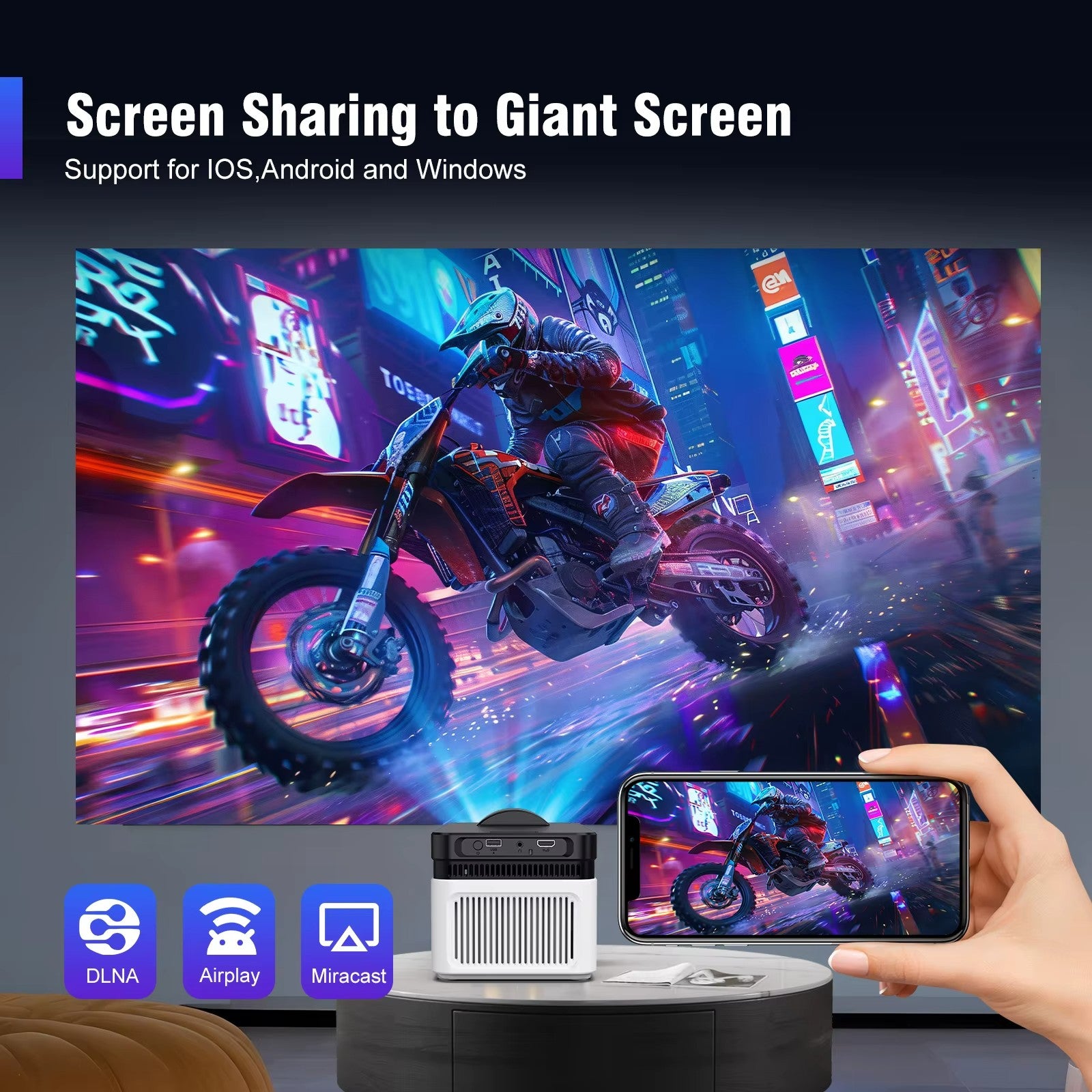 Безжично споделяне на екрана с проектор HY450 – поддръжка на iOS, Android и Windows чрез DLNA, Airplay и Miracast.