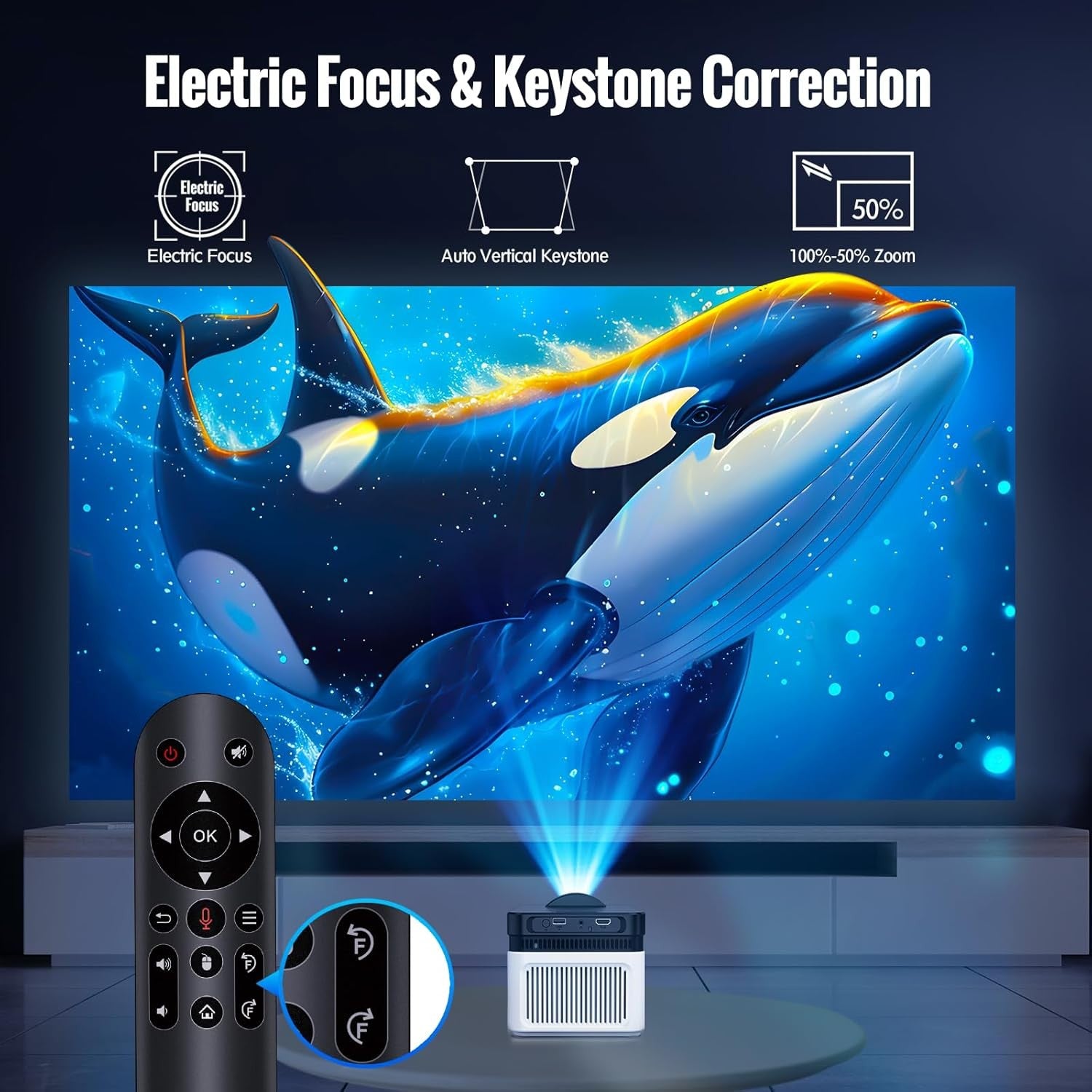 HY450 проектор с електронен фокус, автоматична вертикална Keystone корекция и дигитален Zoom от 50% до 100%.