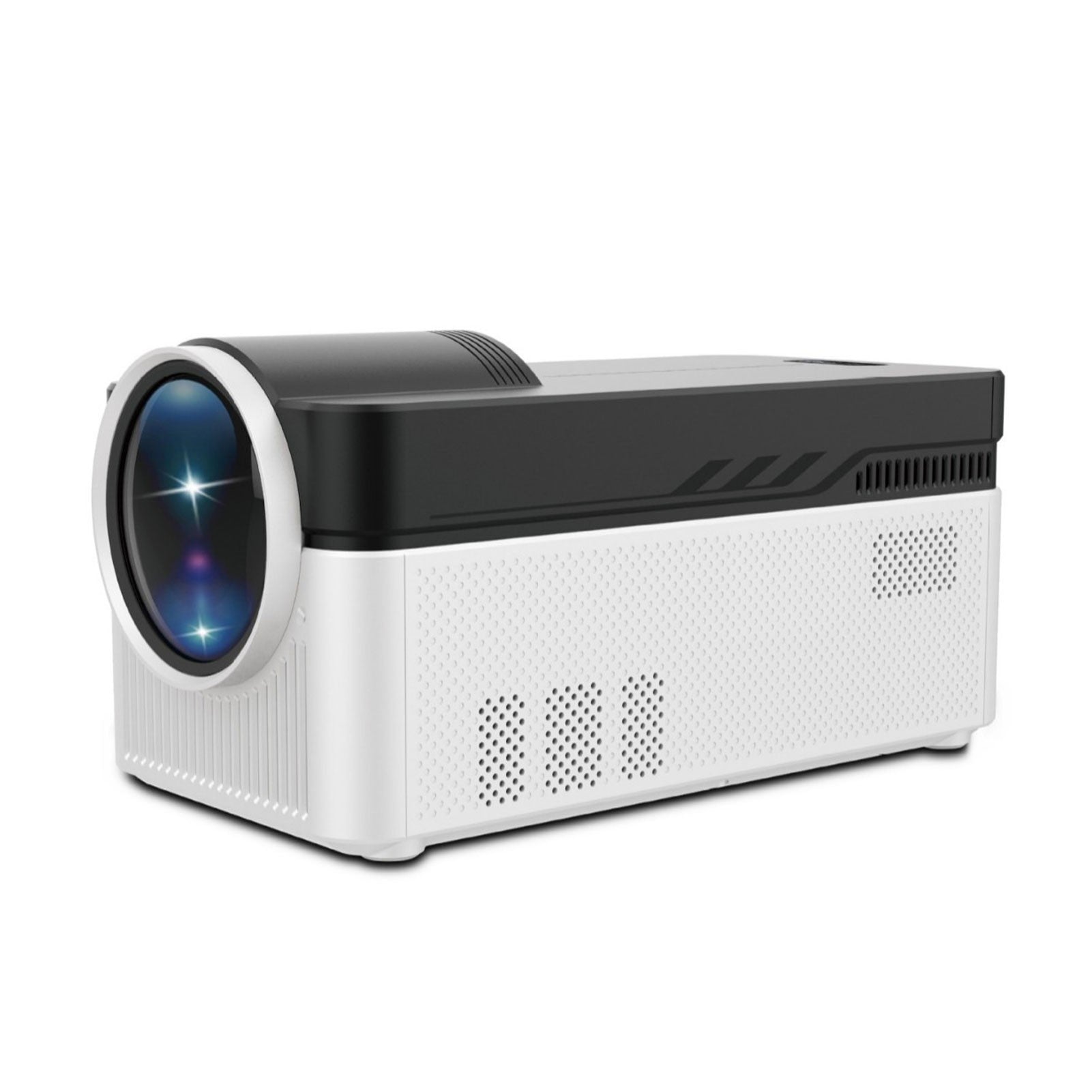 Мултимедиен проектор Atron HY450 на бял фон – страничен изглед с видима вентилация и модерен дизайн.