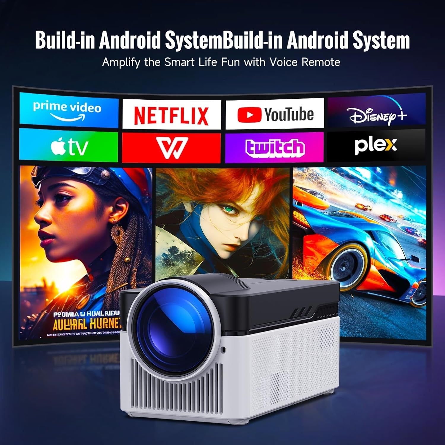 Смарт проектор HY450 с Android система и поддръжка на Netflix, YouTube, Prime Video, Twitch и Disney+.