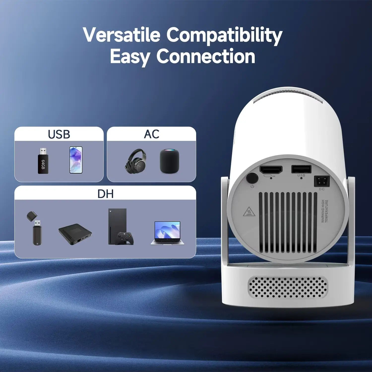 Задна страна на проектор Vega – HDMI, USB, аудио и захранване за лесна свързаност