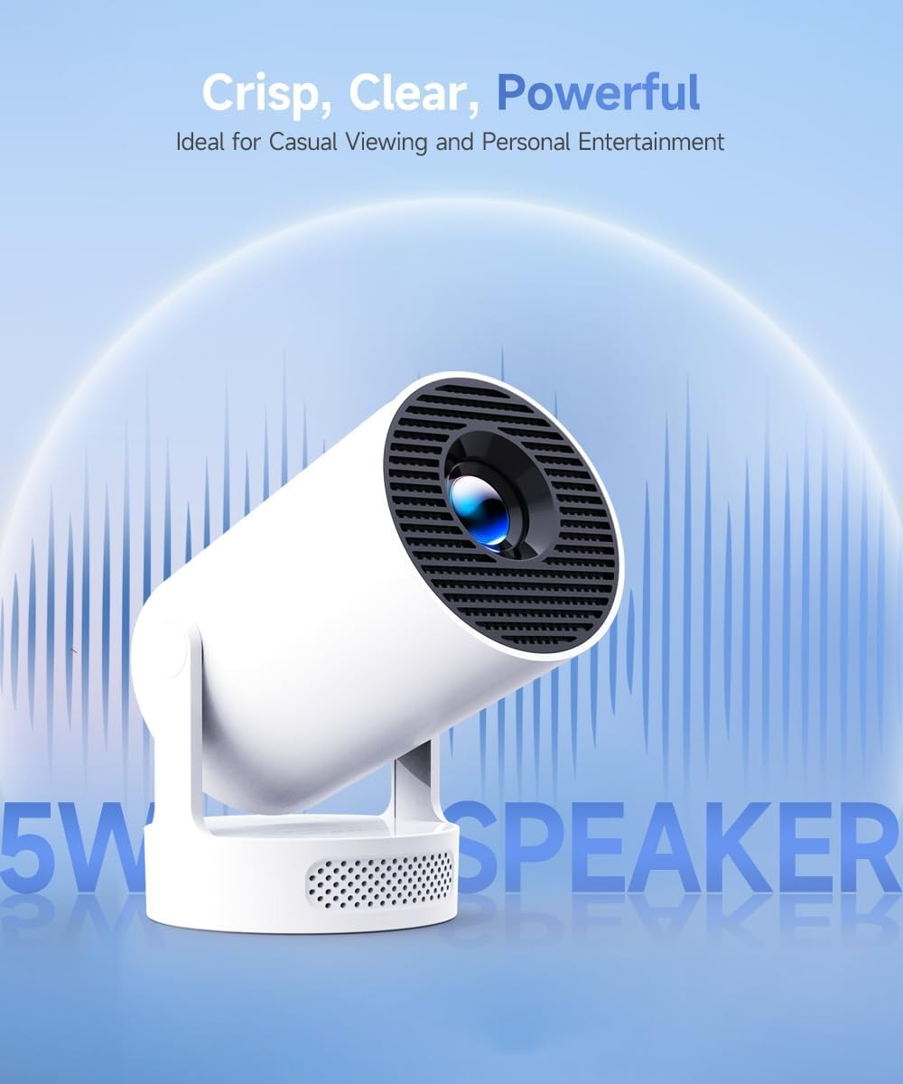Мини проектор с надпис 'Crisp, Clear, Powerful' и подчертан 5W говорител