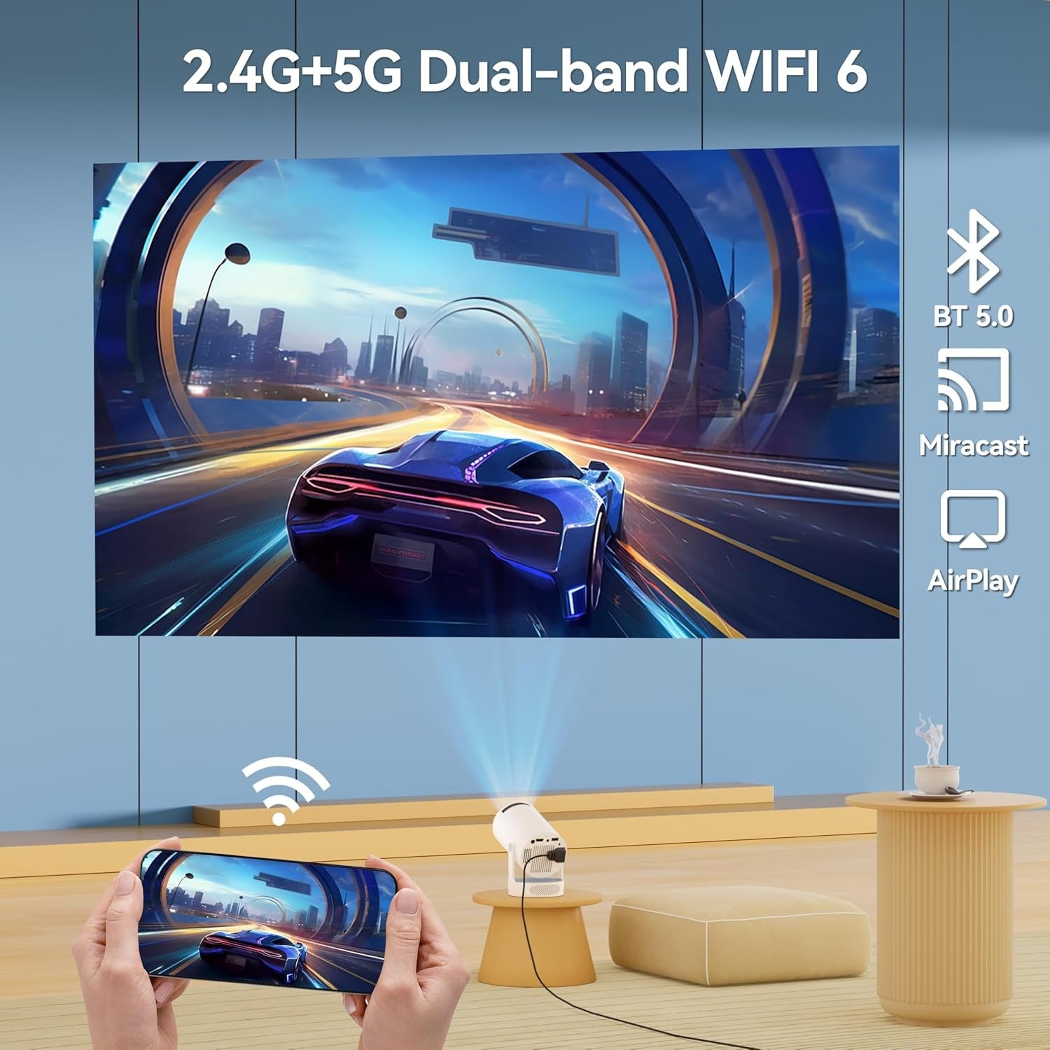 Проектор Vega с 2.4G/5G Dual-band WiFi 6 – безжична връзка с телефон и гладко видео