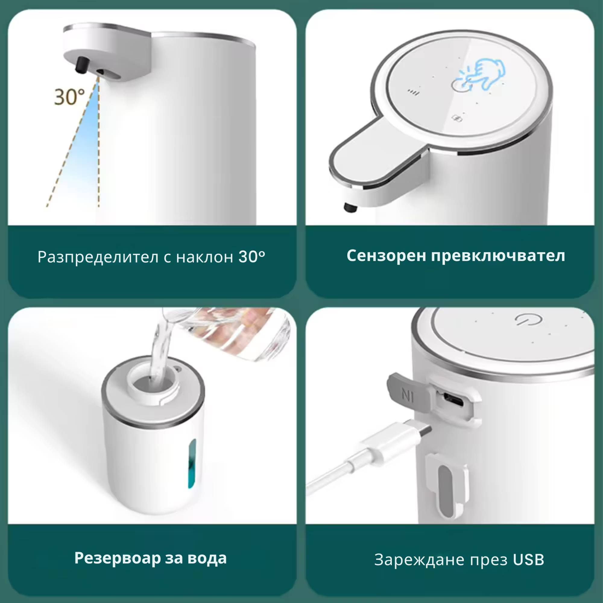 Автоматичен диспенсър за сапун с 30° наклон на дюзата, сензорен бутон, воден резервоар и USB зареждане