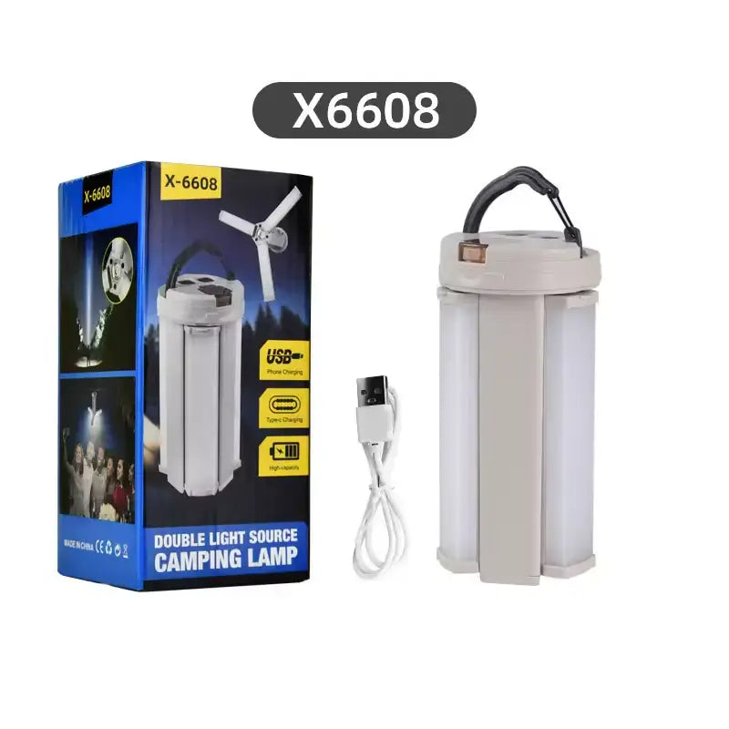 Пълен комплект на модел X6608: сгъваема лампа, USB кабел за зареждане и оригинална кутия.