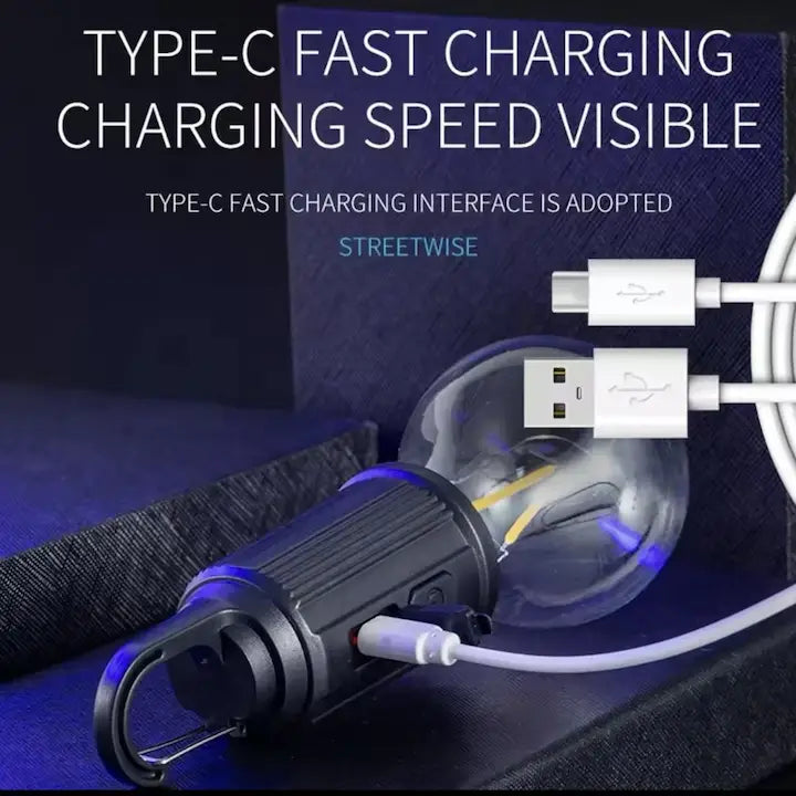 Демонстрация на бързо Type-C зареждане на лампа T02 чрез стандартен USB кабел.