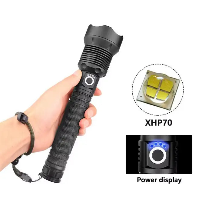 Ръчен LED фенер с мощен XHP70 диод и светлинен индикатор за нивото на батерията.