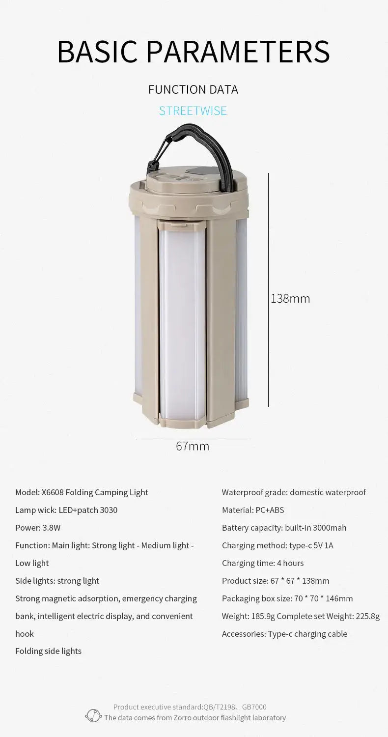 Таблица с основни параметри на лампа X6608: 3000mAh батерия, 3.8W мощност и размери 67х138мм.