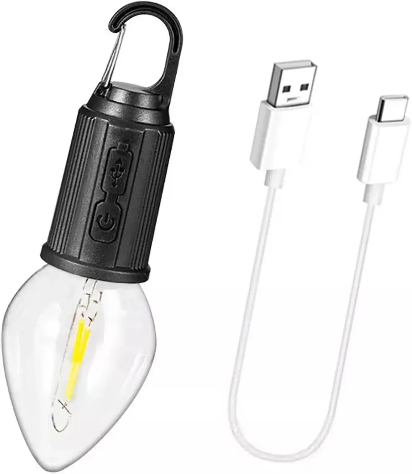 Туристическа LED крушка T03 с топла светлина, вградена кука и включен Type-C кабел за зареждане.