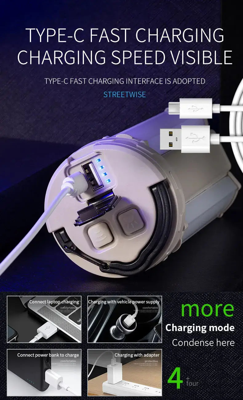 Детайлен изглед на Type-C порта за зареждане, USB изхода за Power Bank и светлинния индикатор за нивото на батерията.