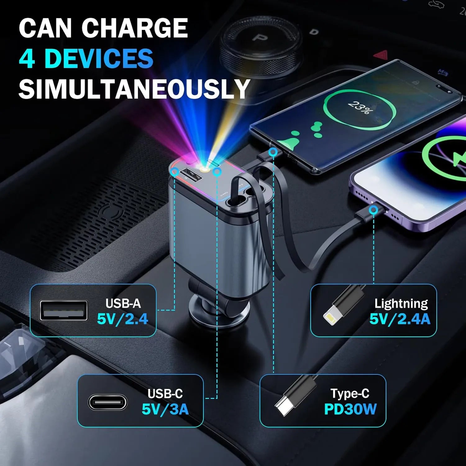 Зарядно за кола Atron зарежда 4 устройства едновременно през USB-A, USB-C, Lightning и Type-C PD30W порт