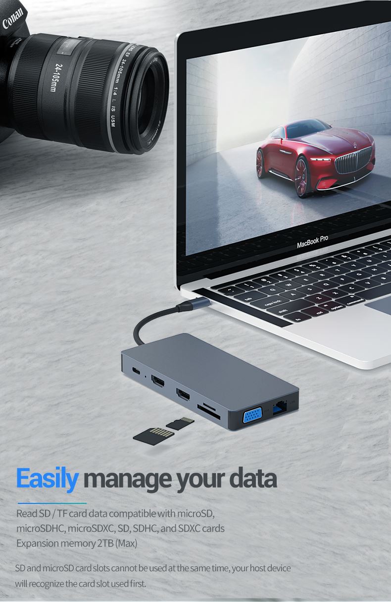 Алуминиев USB Хъб 12в1 USB Type C, Atron BS - HD1201, Мултифункционален 60W - 12 порта - Atron
