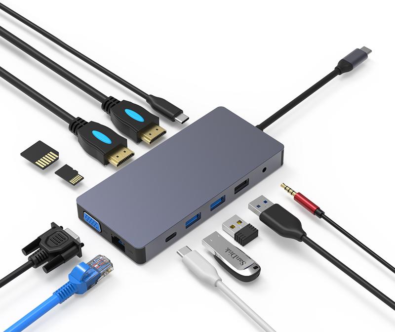 Алуминиев USB Хъб 12в1 USB Type C, Atron BS - HD1201, Мултифункционален 60W - 12 порта - Atron