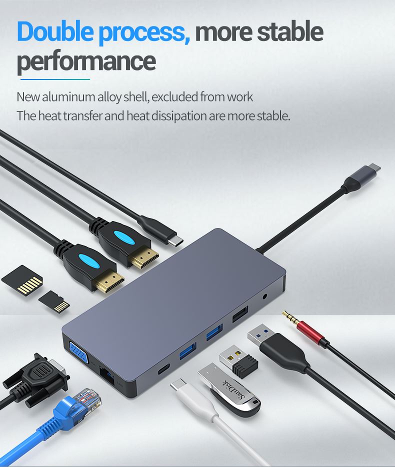 Алуминиев USB Хъб 12в1 USB Type C, Atron BS - HD1201, Мултифункционален 60W - 12 порта - Atron