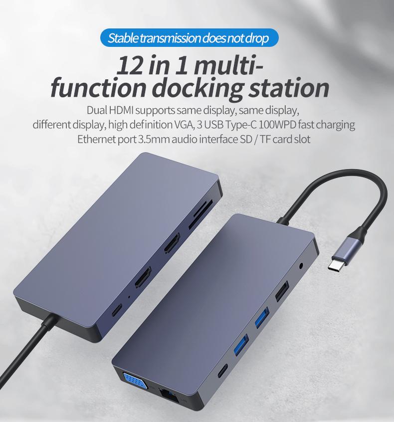 Hub USB din aluminiu 12 în 1 USB tip C, Atron BS-HD1201, multifuncțional 60W - 12 porturi