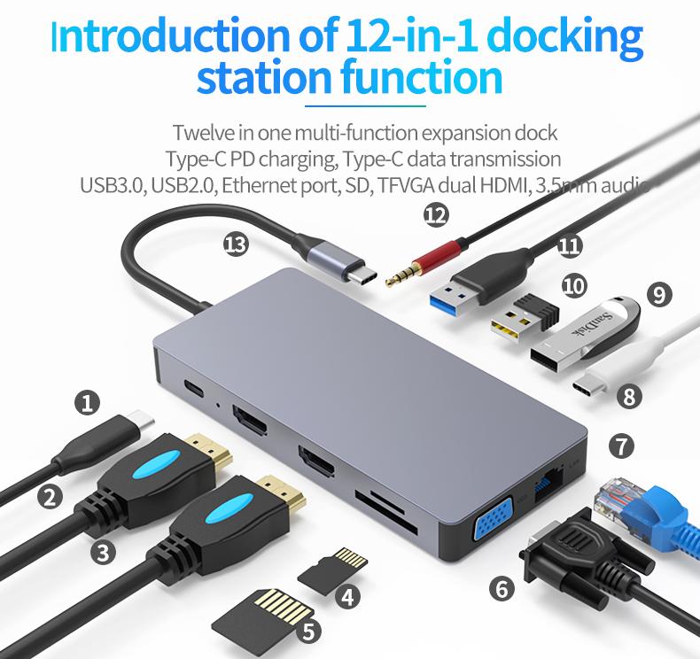 Hub USB din aluminiu 12 în 1 USB tip C, Atron BS-HD1201, multifuncțional 60W - 12 porturi