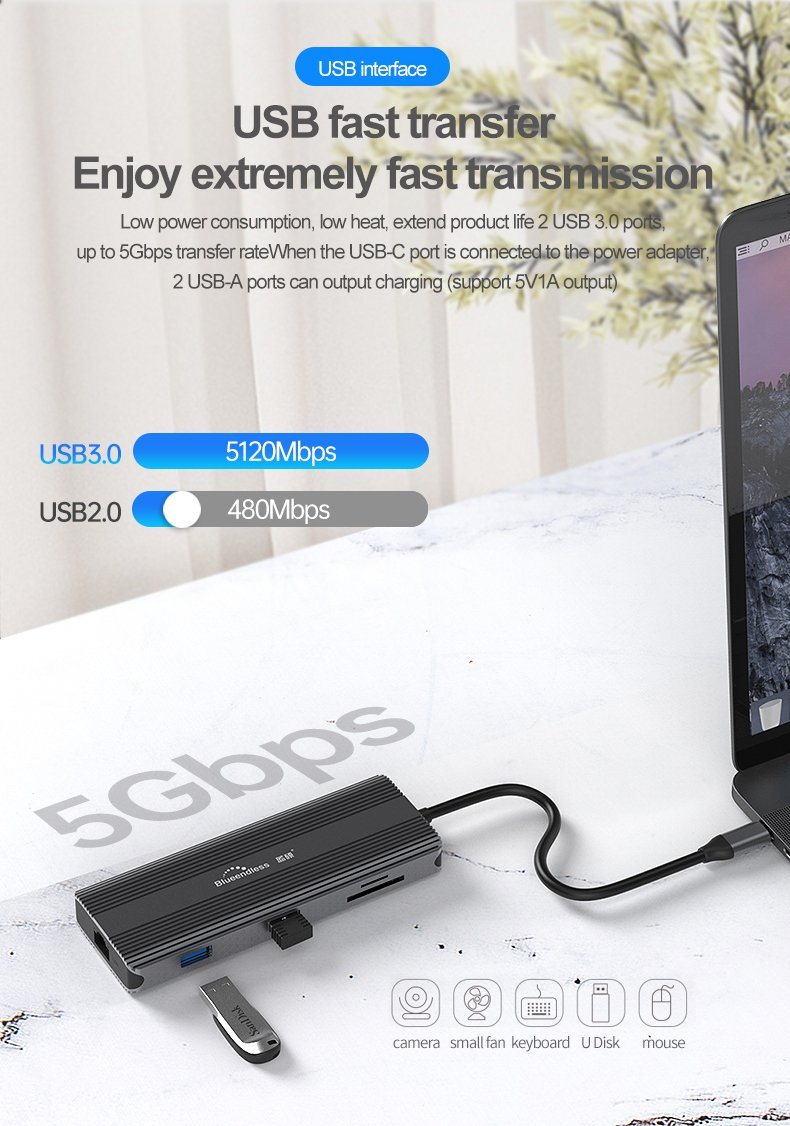 Алуминиев USB Хъб 12в1 USB Type C, Atron BS - HP1201, Мултифункционален - Atron