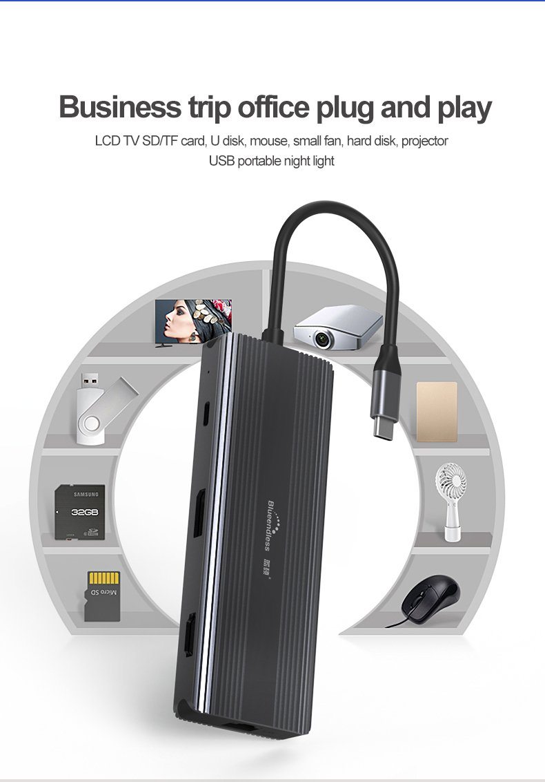 Алуминиев USB Хъб 12в1 USB Type C, Atron BS - HP1201, Мултифункционален - Atron