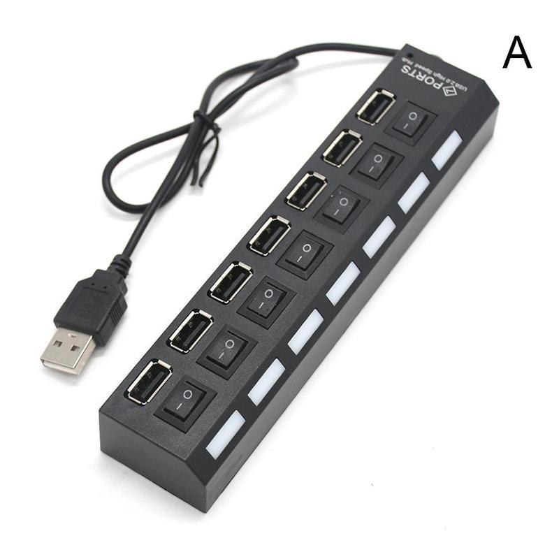 USB HUB разклонител, 7 порта и индивидуални ключове, до 480MBPS, черен - Atron
